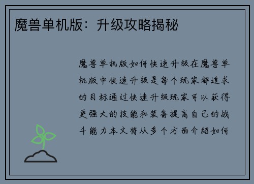 魔兽单机版：升级攻略揭秘